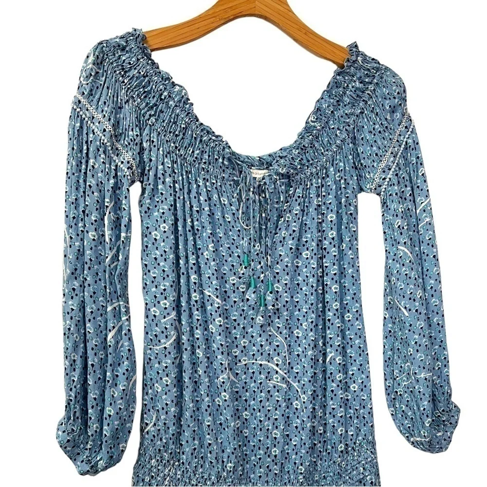 Poupette St. Barth Short Jumpsuit Clara Off Shoulder Blue Geo Flower Print L
